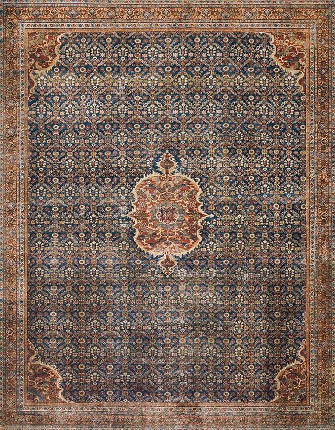 Loloi Layla Collection LAY-09 Cobalt Blue/Spice 7'-6" x 9'-6" .13" Thick Area Rug, Soft, Durable, Vintage Inspired, Distressed, Low Pile, Non-Shedding, Easy Clean, Printed, Living Room Rug