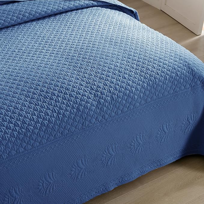 MarCielo 3-Piece 100% Cotton Oversized Bedspread Lightweight Quilt Coverlet Embroidery Farmhouse Bedding Set (TM Midtone Blue, Oversized Queen (100"x106"))