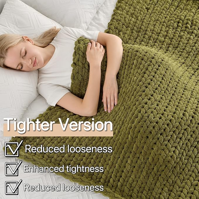 Maetoow Tighter Version Chenille Chunky Knit Blanket Throw 60×80 Inch, Handmade Warm & Cozy Blanket Couch, Bed, Home Decor, Soft Fleece Banket, Boho Thick Blankets and Giant Yarn Throws，Olive Green
