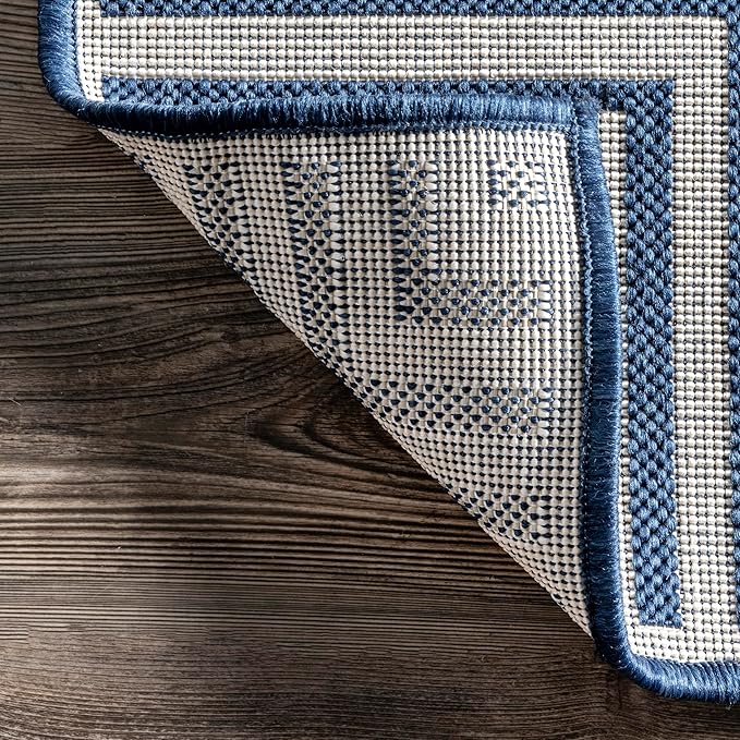 nuLOOM 4' x 6' Outdoor Area Rug, Casual Design With Striped Border, Stain Resistant, Highly Durable, For Patio, Balcony, Bedroom, Living Room, Dining Room, Bathroom, Navy