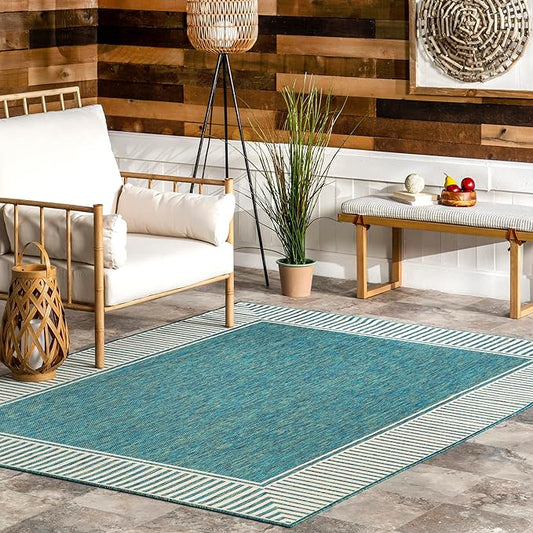 nuLOOM 9'6" x 12' Outdoor Area Rug, Casual Design With Striped Border, Stain Resistant, Highly Durable, For Patio, Balcony, Bedroom, Living Room, Dining Room, Bathroom, Teal