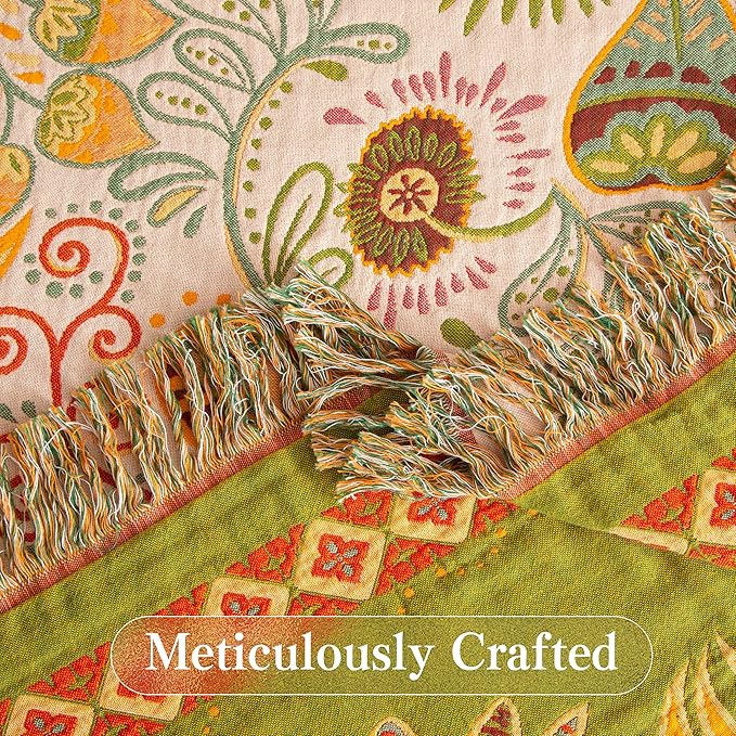 Boho Throw Blanket Twin Size, Soft Cozy Cotton Muslin Quilt Blanket for Bed Decor, Floral Patterned Couch Sofa Chair Cover, Vintage Farmhouse Cottage Tapestry Woven Blanket, Coral&Green