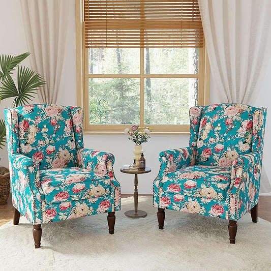 Lumibee High Back Accent Chair Set of 2, Armchair in Fabric,Comfy Upholstered Wingback Single Sofa Reading Chairs with Solid Wood Legs for Living Room,Bedroom,Office-Peacock Blue