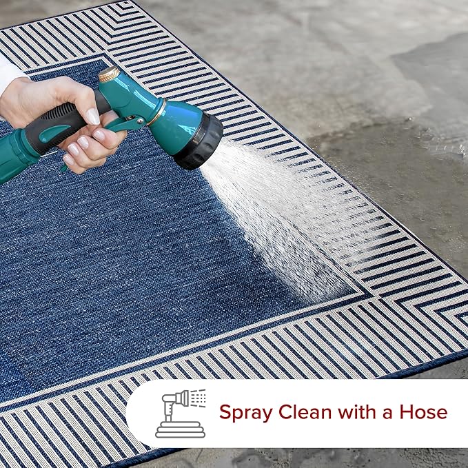 nuLOOM 2' x 3' Outdoor Area Rug, Casual Design With Striped Border, Stain Resistant, Highly Durable, For Patio, Balcony, Bedroom, Living Room, Dining Room, Bathroom, Navy