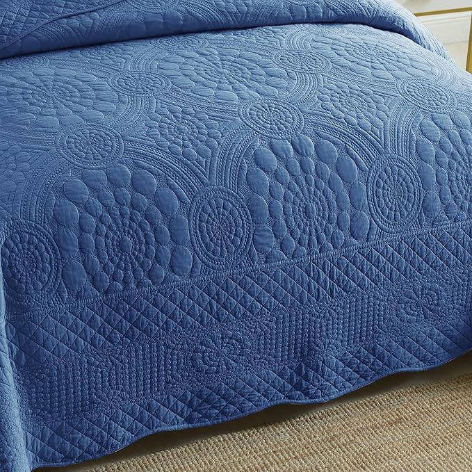 MarCielo 3-Piece 100% Cotton Oversized Bedspread Lightweight Quilt Coverlet Embroidery Farmhouse Bedding Set (Tf Midtone Blue, Oversized King (118"x106"))