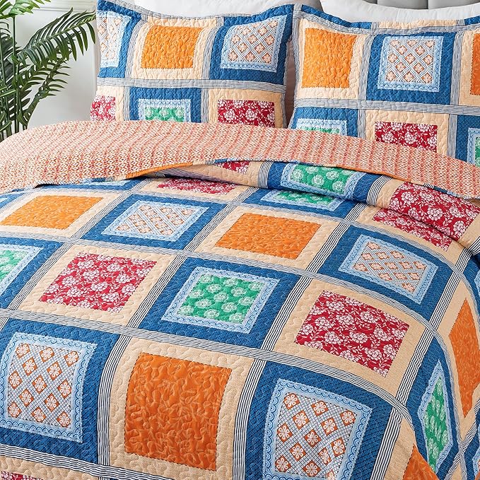NEWLAKE Quilt Bedspread Sets - Bohemian Farmhouse Pattern Reversible Coverlet Set, King Size