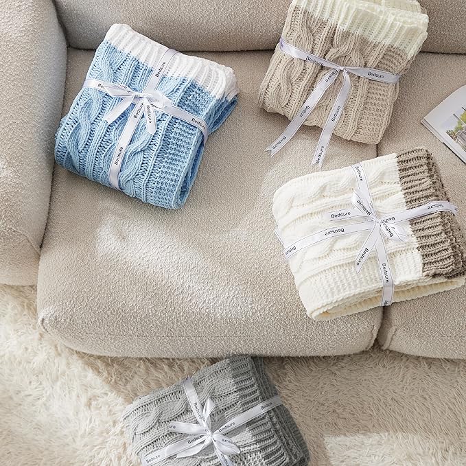 Bedsure Cable Knit Twin Blanket for Couch Bed - Breathable Chenille Chunky Knit Twin Blanket for Decorative Gift, GentleSoft Cozy and Warm for Winter and All Seasons, Grey, 60x80 Inches