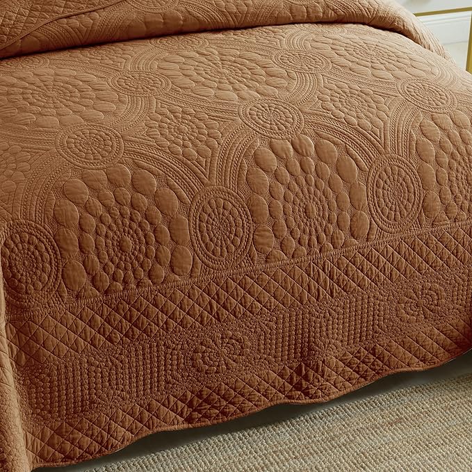 MarCielo 3-Piece 100% Cotton Oversized Bedspread Lightweight Quilt Coverlet Embroidery Farmhouse Bedding Set (Tf Dusty Orange, Oversized Queen (100"x106"))